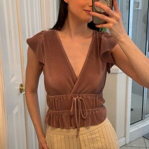 ZARA Women’s Rust Brown V-Neck Ruffled Sleeve Wrap Top